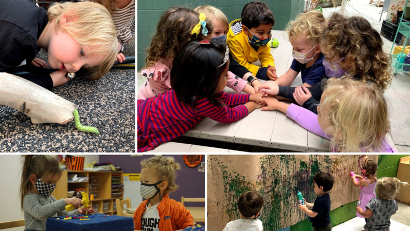 Montage of preschool children playing, exploring nature, and creating expressive art.